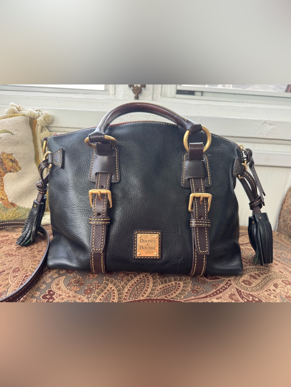 Dooney & Bourke Black Leather Satchel with Brown Trim